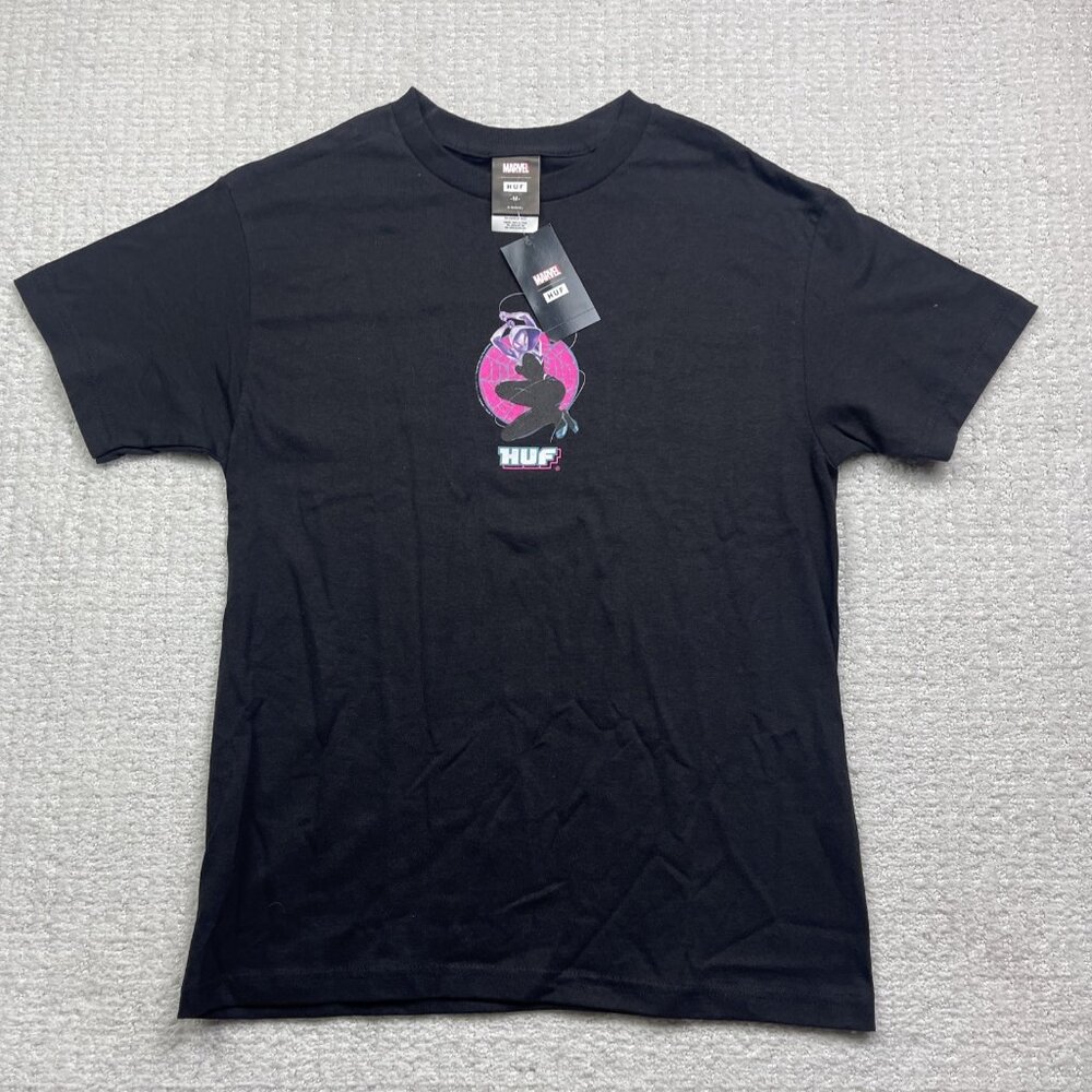 HUF X Marvel Shirt Men M Black Spider-Man Ghost Spider Graphic AOP Skate NEW